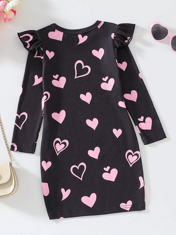 Girls Autumn New Cartoon Cat Print Ruffle Long Sleeve Round Neck Dress, Cute & Cool Casual Midi Dress For Toddlers & Little Young Girl, Spring/Autumn