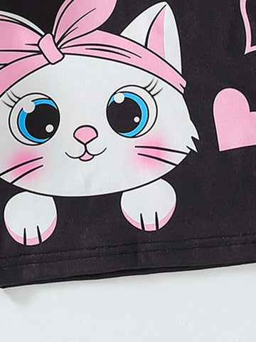 Girls Autumn New Cartoon Cat Print Ruffle Long Sleeve Round Neck Dress, Cute & Cool Casual Midi Dress For Toddlers & Little Young Girl, Spring/Autumn