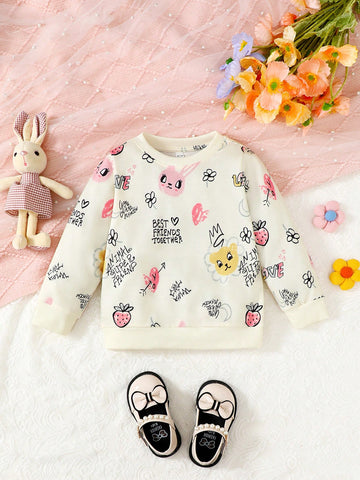 Girls Autumn New Knit Cartoon Print Round Neck Long Sleeve Sweatshirt, Casual