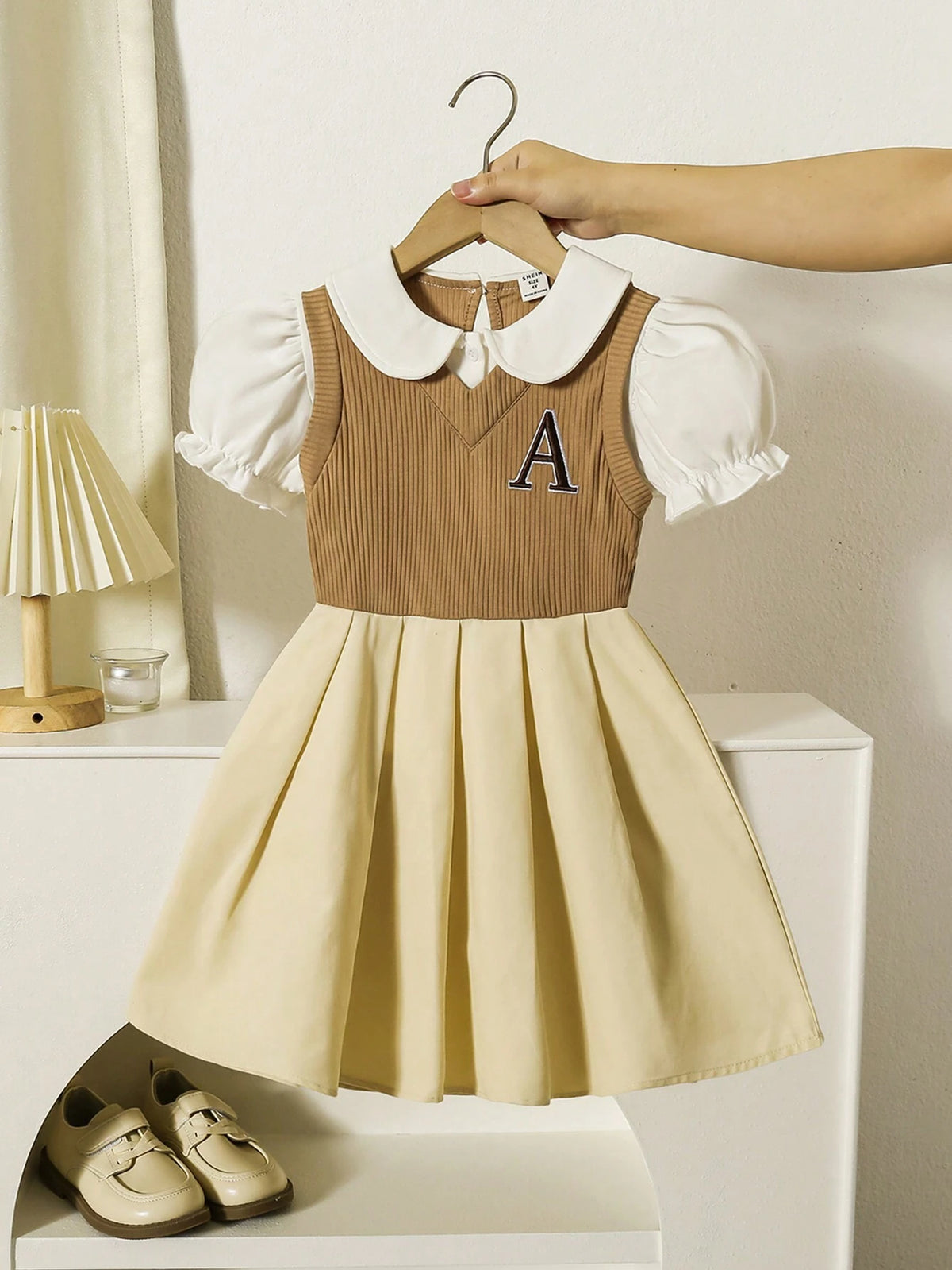 Girls' Back-To-School Peter Pan Collar 2 In 1 V-Neck Pleated Dress, College Style, Daily Wear