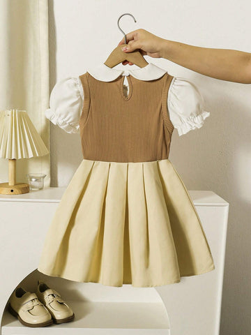 Girls' Back-To-School Peter Pan Collar 2 In 1 V-Neck Pleated Dress, College Style, Daily Wear