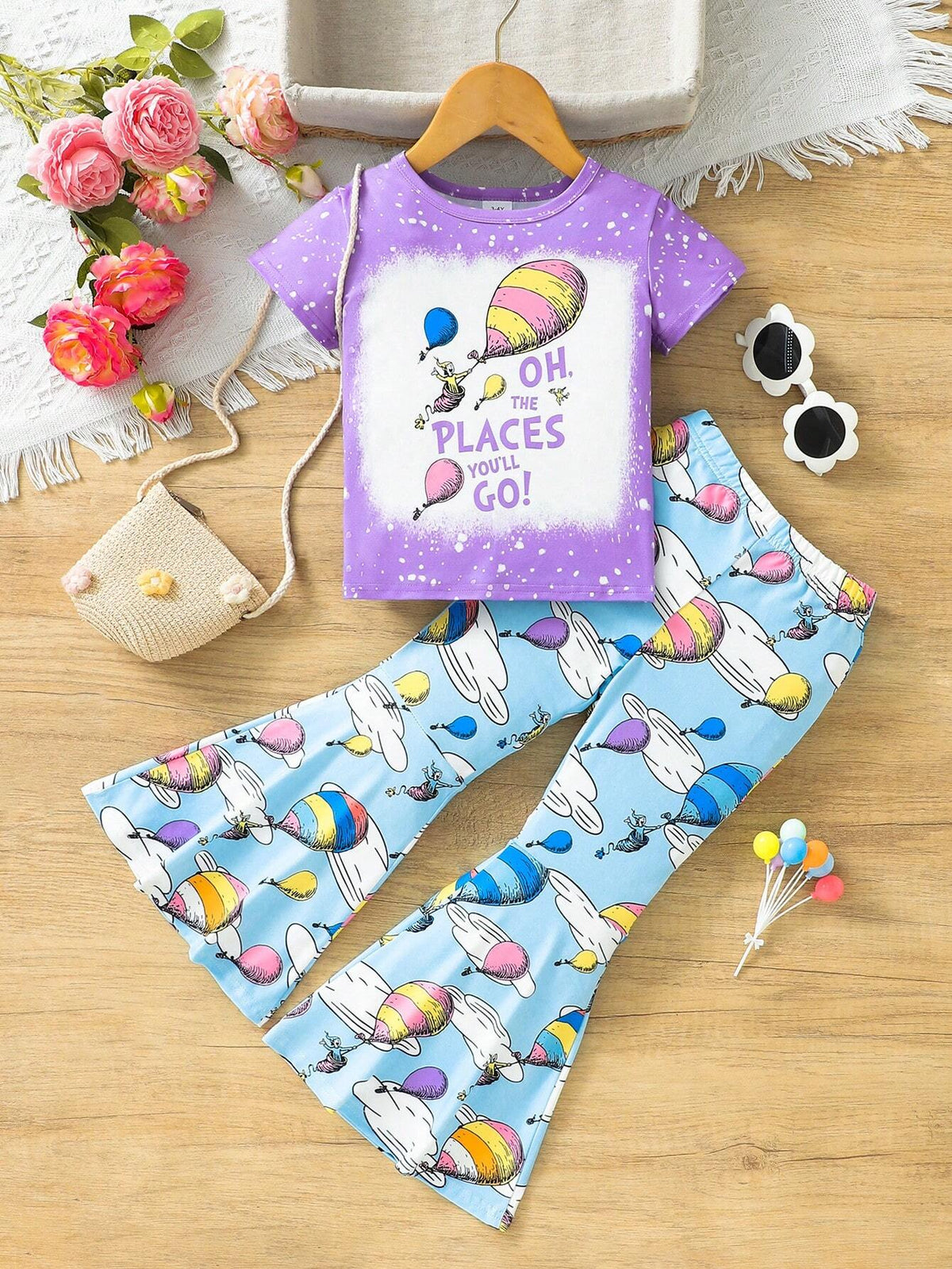 Girls" Balloon Printed Flared Pants And Short Sleeve Top Set