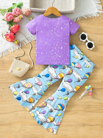 Girls" Balloon Printed Flared Pants And Short Sleeve Top Set