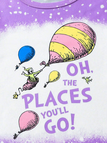 Girls" Balloon Printed Flared Pants And Short Sleeve Top Set