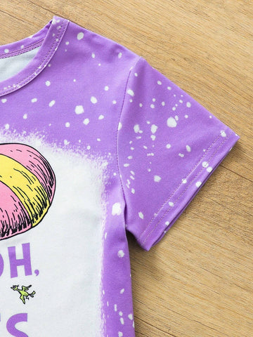 Girls" Balloon Printed Flared Pants And Short Sleeve Top Set