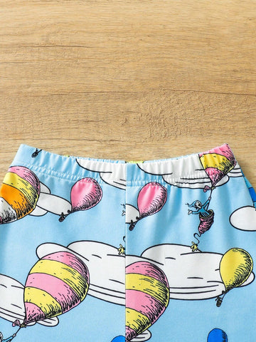 Girls" Balloon Printed Flared Pants And Short Sleeve Top Set