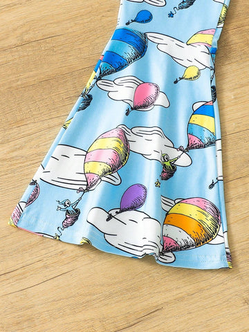 Girls" Balloon Printed Flared Pants And Short Sleeve Top Set