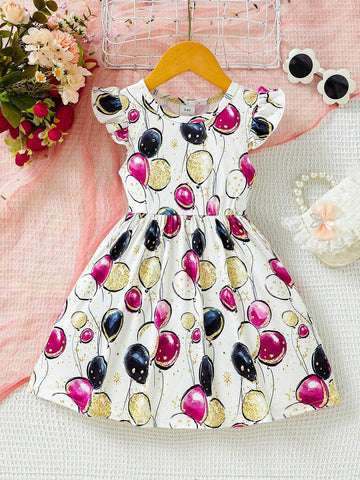 Girls" Balloon Printed Flutter Sleeve Dress, Age 3-7