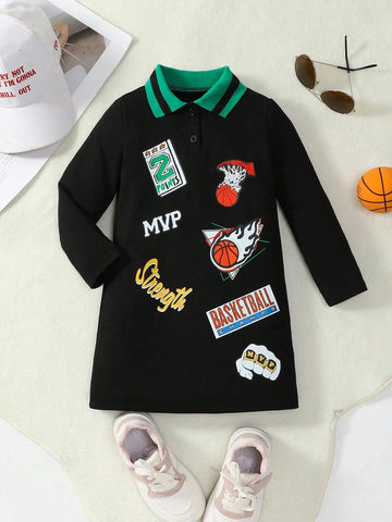 Girls Basketball Print Long Sleeve Polo Collar Dress, Spring & Autumn