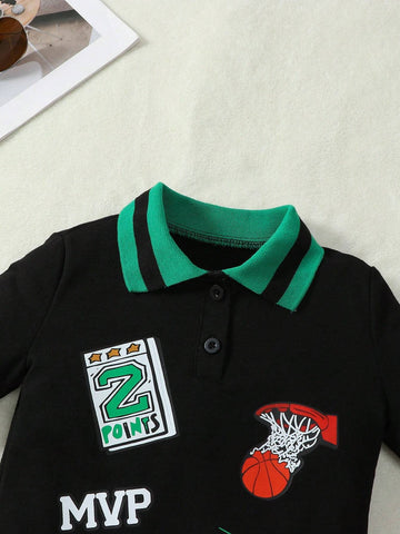 Girls Basketball Print Long Sleeve Polo Collar Dress, Spring & Autumn