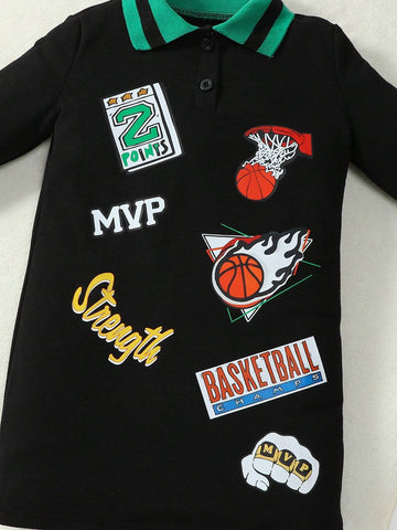 Girls Basketball Print Long Sleeve Polo Collar Dress, Spring & Autumn