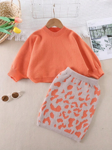 Girls Batwing Sleeve Knit Sweater And Leopard Print Skirt Knit Set, Autumn/Winter