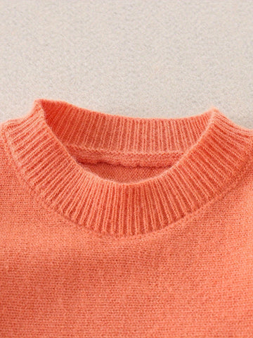 Girls Batwing Sleeve Knit Sweater And Leopard Print Skirt Knit Set, Autumn/Winter