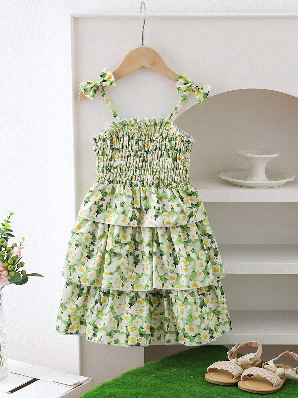 Girls' Beach Playful Casual Holiday Ditsy Floral Tiered Cami Dress