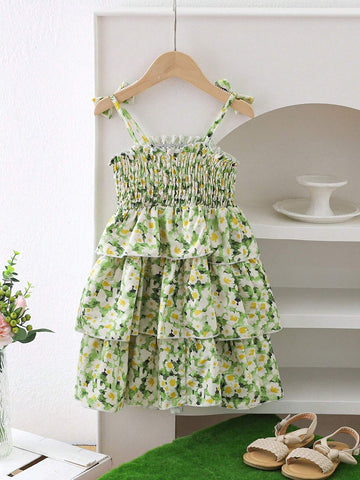 Girls' Beach Playful Casual Holiday Ditsy Floral Tiered Cami Dress