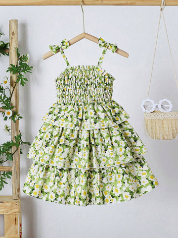 Girls' Beach Playful Casual Holiday Ditsy Floral Tiered Cami Dress