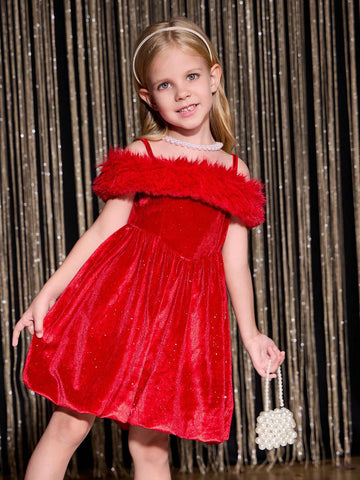 Girls Birthday Party Cute Princess Waist A-Line Fluffy Tulle Glittering Plush Backless Dress, Toddler Daily Mommy And Me Matching Outfits (2-Piece Set Sold Separately)