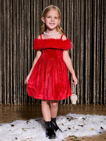 Girls Birthday Party Cute Princess Waist A-Line Fluffy Tulle Glittering Plush Backless Dress, Toddler Daily Mommy And Me Matching Outfits (2-Piece Set Sold Separately)