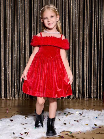 Girls Birthday Party Cute Princess Waist A-Line Fluffy Tulle Glittering Plush Backless Dress, Toddler Daily Mommy And Me Matching Outfits (2-Piece Set Sold Separately)