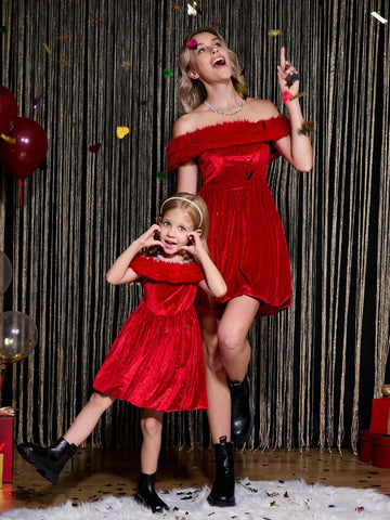 Girls Birthday Party Cute Princess Waist A-Line Fluffy Tulle Glittering Plush Backless Dress, Toddler Daily Mommy And Me Matching Outfits (2-Piece Set Sold Separately)