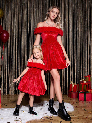 Girls Birthday Party Cute Princess Waist A-Line Fluffy Tulle Glittering Plush Backless Dress, Toddler Daily Mommy And Me Matching Outfits (2-Piece Set Sold Separately)