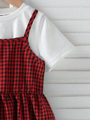 Girls' Black And White Plaid Strap Dress, Elegant, Fashionable, Comfortable, Classic - Summer 2024 New Arrival