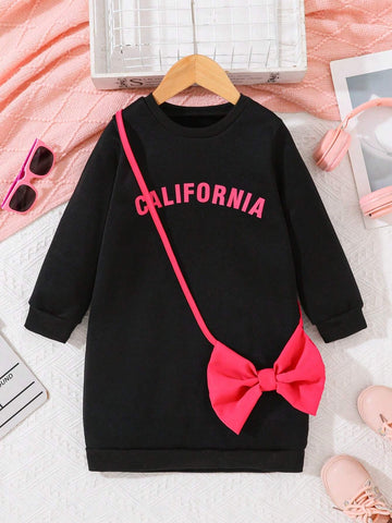 Girls Black Letter Print Round Neck Casual Hooded Sweatshirt Dress + Bow Accent Mini Purse, Autumn/Winter