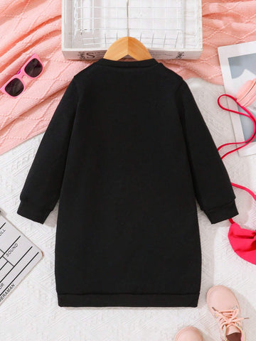 Girls Black Letter Print Round Neck Casual Hooded Sweatshirt Dress + Bow Accent Mini Purse, Autumn/Winter