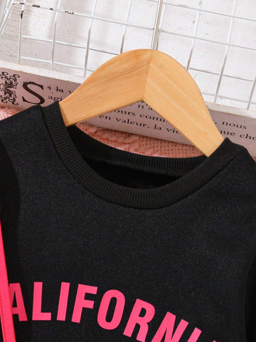 Girls Black Letter Print Round Neck Casual Hooded Sweatshirt Dress + Bow Accent Mini Purse, Autumn/Winter