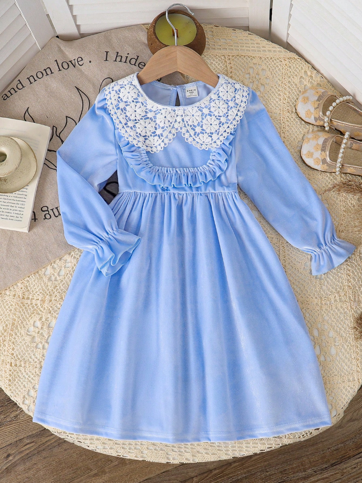 Girls Black Long Sleeve Ruffle Velvet Crew Neck Long Dress, Casual Daily Outfit, Autumn/Winter
