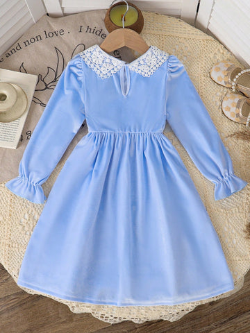 Girls Black Long Sleeve Ruffle Velvet Crew Neck Long Dress, Casual Daily Outfit, Autumn/Winter