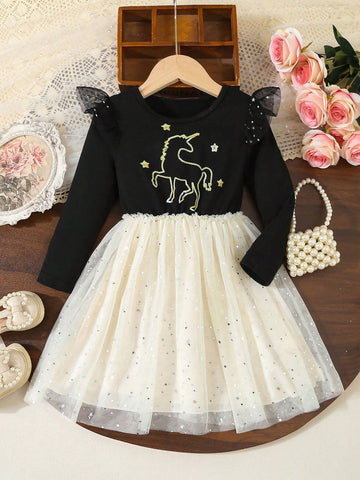Girls Black Net Mesh Dress With Pony, Star & Moon Pattern Print, Long Sleeve For Autumn/Winter, Layering Or Outerwear