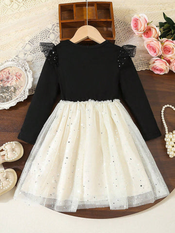 Girls Black Net Mesh Dress With Pony, Star & Moon Pattern Print, Long Sleeve For Autumn/Winter, Layering Or Outerwear