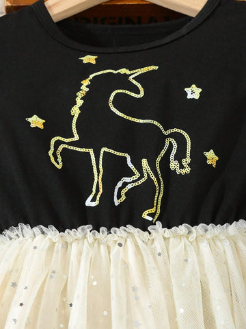 Girls Black Net Mesh Dress With Pony, Star & Moon Pattern Print, Long Sleeve For Autumn/Winter, Layering Or Outerwear