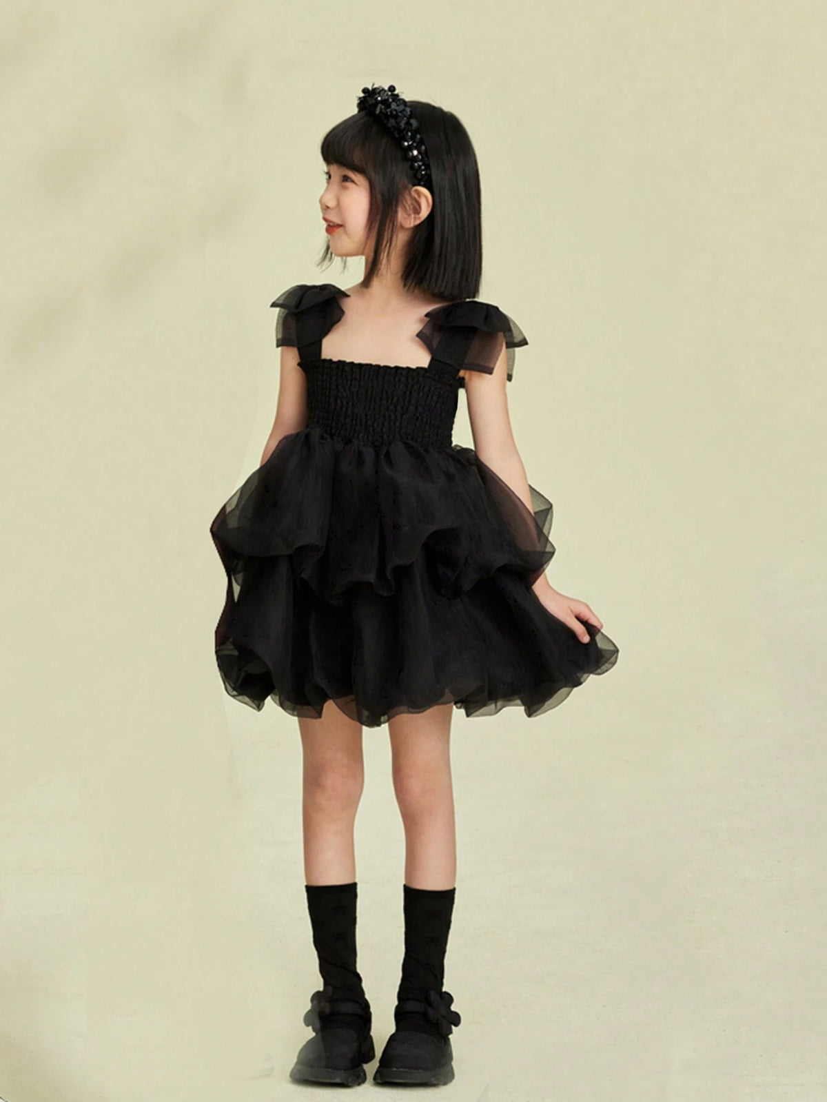 Girls' Black Swan Mesh Tutu Dress With Bowknot Shoulder Straps, Summer Princess Dress For Children