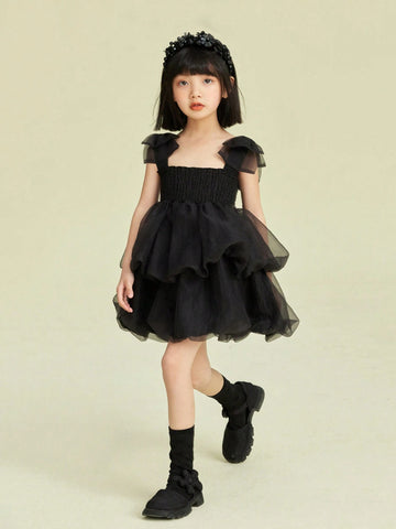 Girls' Black Swan Mesh Tutu Dress With Bowknot Shoulder Straps, Summer Princess Dress For Children