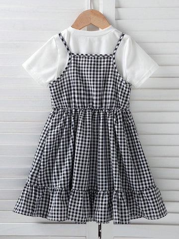 Girls' Black & White Plaided Spaghetti Strap Dress, 2024 Summer New Arrival, Elegant, Fashionable, Comfortable, Simple And Classic