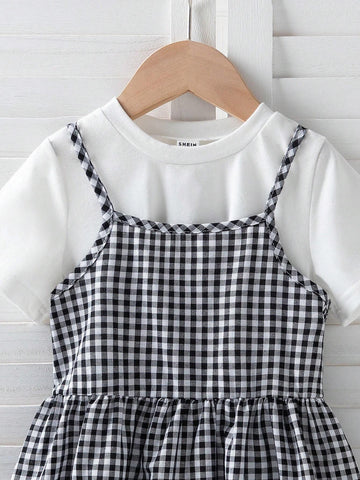 Girls' Black & White Plaided Spaghetti Strap Dress, 2024 Summer New Arrival, Elegant, Fashionable, Comfortable, Simple And Classic