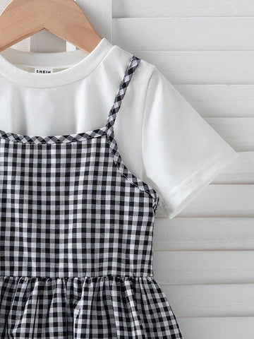 Girls' Black & White Plaided Spaghetti Strap Dress, 2024 Summer New Arrival, Elegant, Fashionable, Comfortable, Simple And Classic
