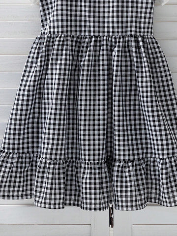 Girls' Black & White Plaided Spaghetti Strap Dress, 2024 Summer New Arrival, Elegant, Fashionable, Comfortable, Simple And Classic
