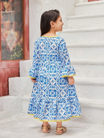 Girls' Blue Bohemian Style Vacation Dress With Classical Retro Floral Blue-And-White Porcelain Design, Yellow Trimming And Tassels, Perfect For Holidays And Outdoor Activities