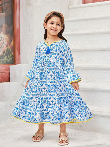 Girls' Blue Bohemian Style Vacation Dress With Classical Retro Floral Blue-And-White Porcelain Design, Yellow Trimming And Tassels, Perfect For Holidays And Outdoor Activities