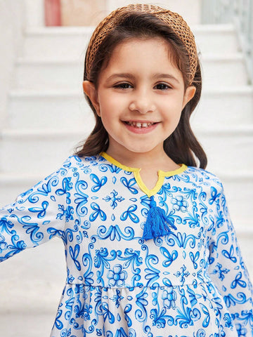 Girls' Blue Bohemian Style Vacation Dress With Classical Retro Floral Blue-And-White Porcelain Design, Yellow Trimming And Tassels, Perfect For Holidays And Outdoor Activities