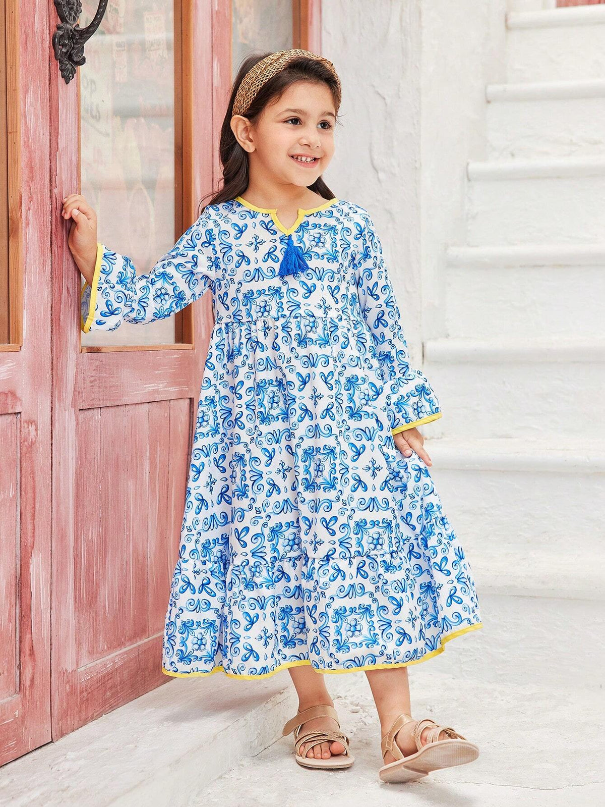 Girls' Blue Bohemian Style Vacation Dress With Classical Retro Floral Blue-And-White Porcelain Design, Yellow Trimming And Tassels, Perfect For Holidays And Outdoor Activities