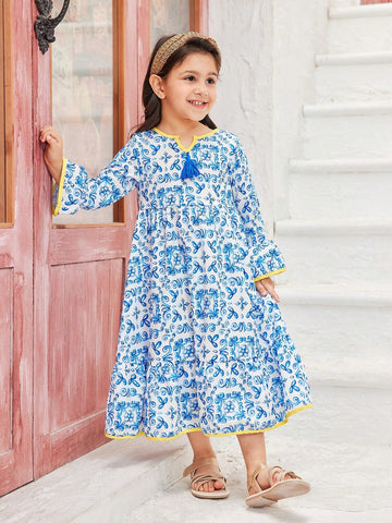 Girls' Blue Bohemian Style Vacation Dress With Classical Retro Floral Blue-And-White Porcelain Design, Yellow Trimming And Tassels, Perfect For Holidays And Outdoor Activities