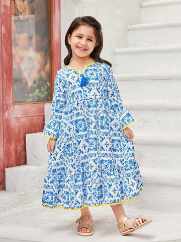 Girls' Blue Bohemian Style Vacation Dress With Classical Retro Floral Blue-And-White Porcelain Design, Yellow Trimming And Tassels, Perfect For Holidays And Outdoor Activities