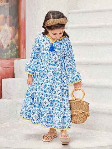 Girls' Blue Bohemian Style Vacation Dress With Classical Retro Floral Blue-And-White Porcelain Design, Yellow Trimming And Tassels, Perfect For Holidays And Outdoor Activities