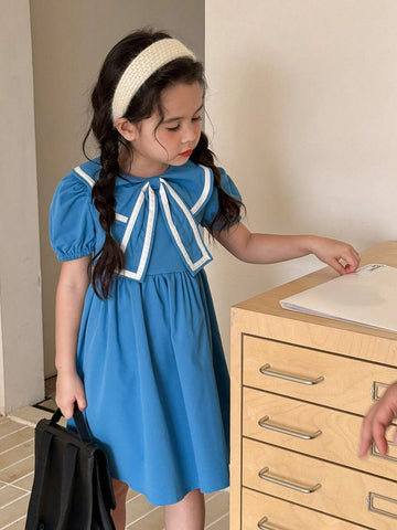 Girls' Blue Butterfly Collar Casual College Style Dress