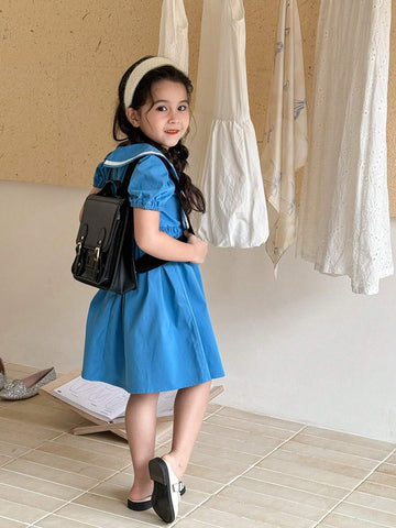 Girls' Blue Butterfly Collar Casual College Style Dress