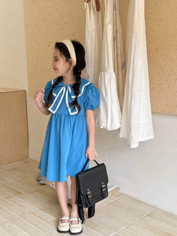 Girls' Blue Butterfly Collar Casual College Style Dress